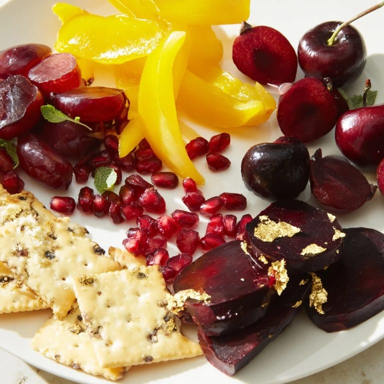 Appetizing Crimson & Gold Gala cheese board, featuring red and gold ingredients for an impressive presentation.