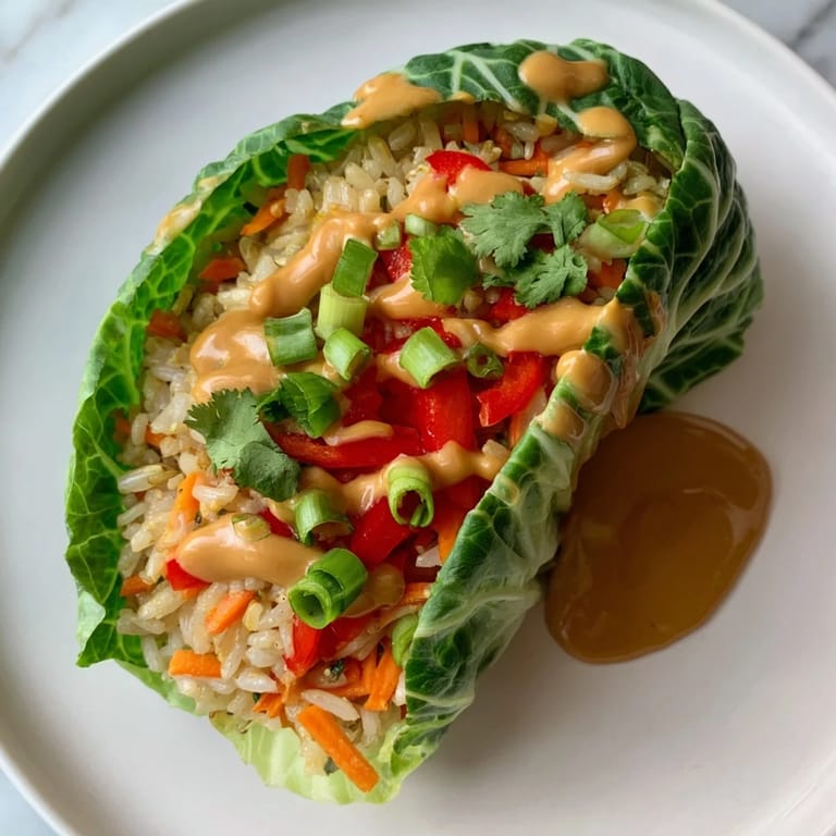 Steaming-hot Savoy Cabbage Rolls, filled with rice and vegetables, and drizzled with creamy peanut sauce.