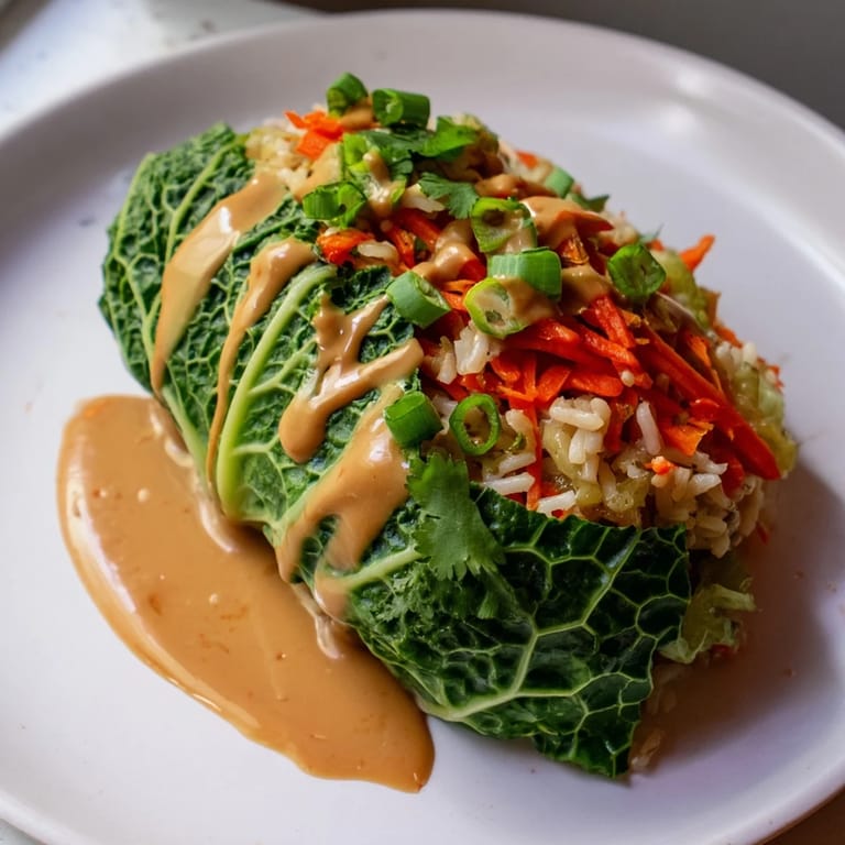 A close-up shot of vegetarian Savoy Cabbage Rolls with rich Thai peanut sauce, a delicious main dish.