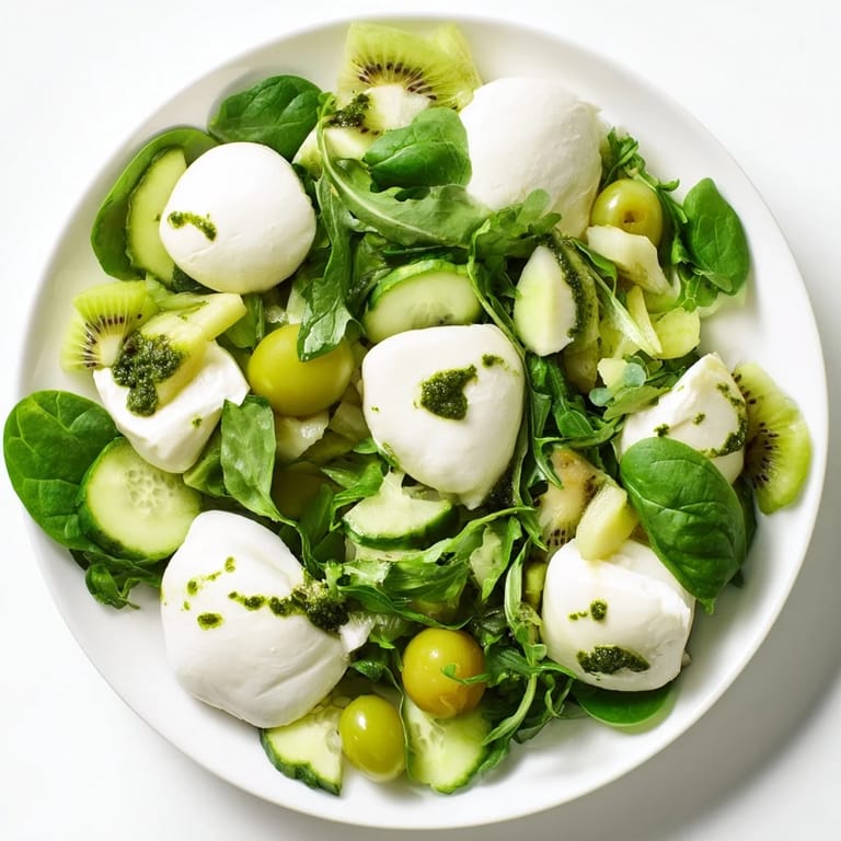 Freshly tossed Emerald Isle Greenscape salad with juicy grapes and drizzled pesto dressing is ready.