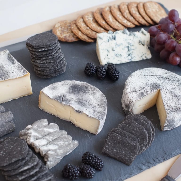 This elegant Gray Stone Cheese Board features dark crackers, juicy grapes, and delicious cheese varieties.