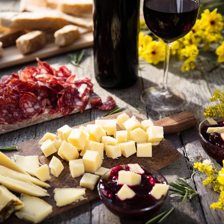 Appetizing view of a Ruby Red Wine Stain Board, filled with cheeses, grapes, and salami for serving.