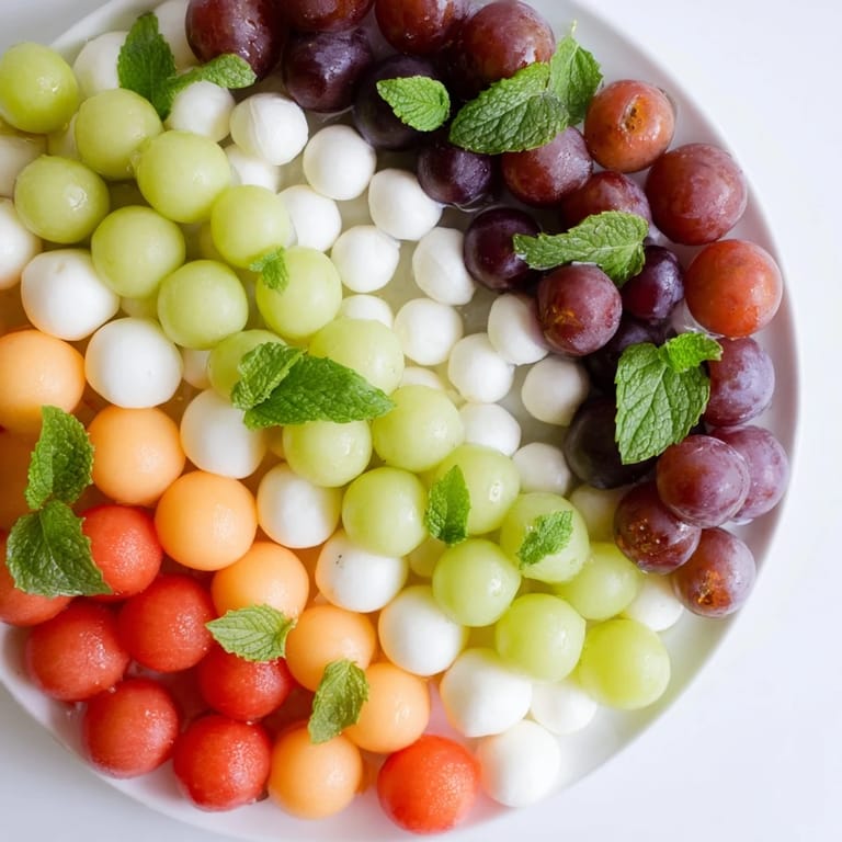 This The Polka Dot Platter appetizer photo presents vibrant, juicy melon balls and cheese.