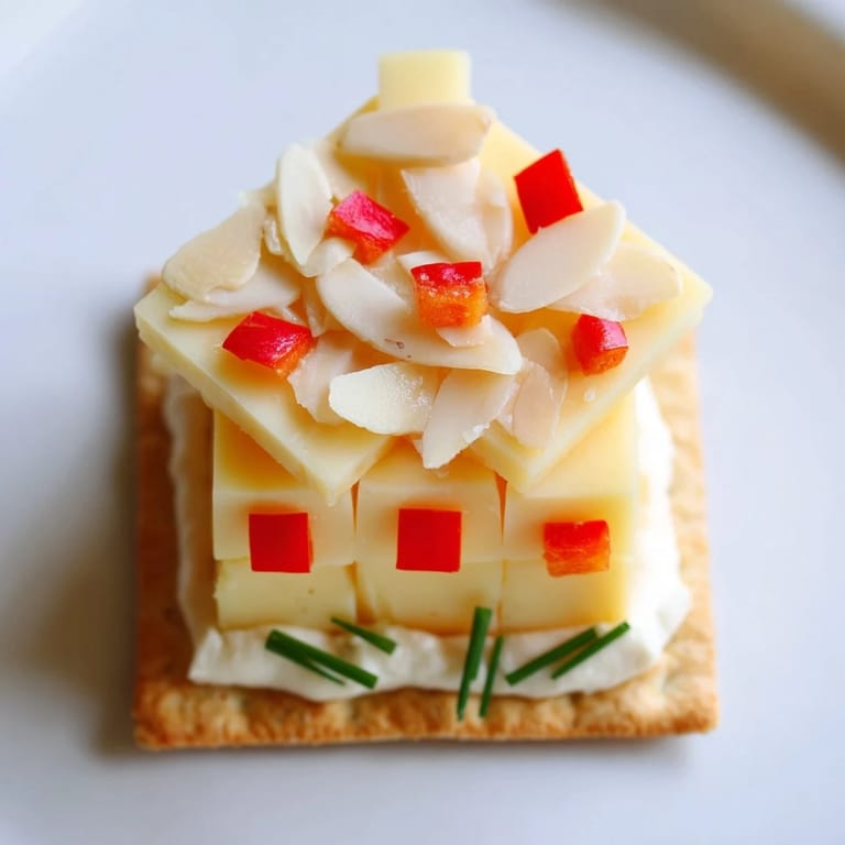 Individual cheese houses resembling miniature cottages, forming a delicious Alpine Village appetizer ready to eat.