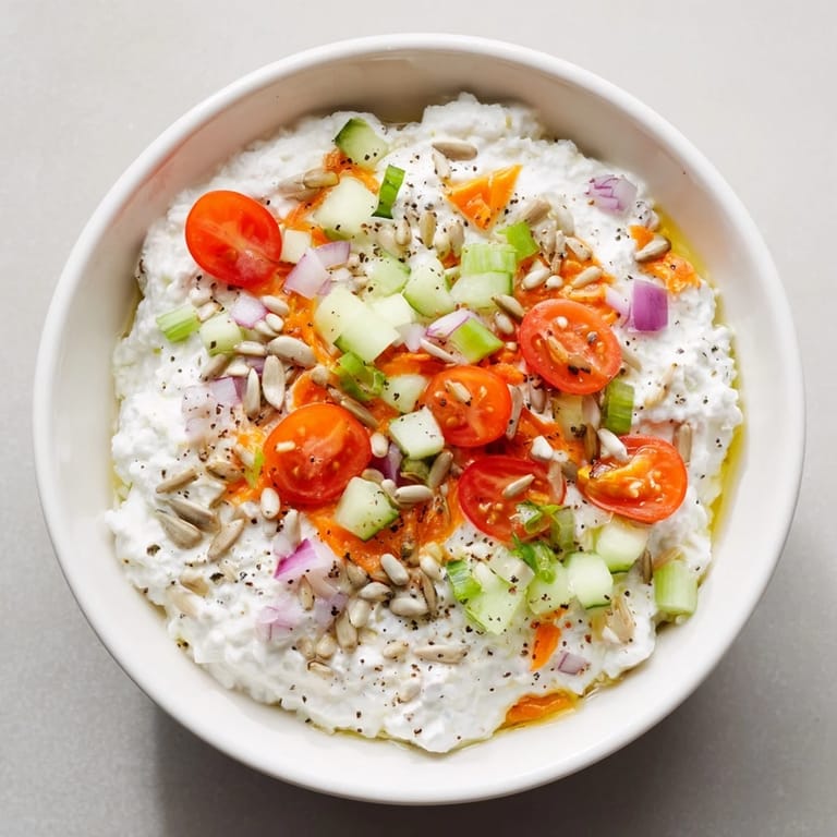 Delicious cottage cheese snack bowl, drizzled with olive oil, perfect for a quick, healthy snack.