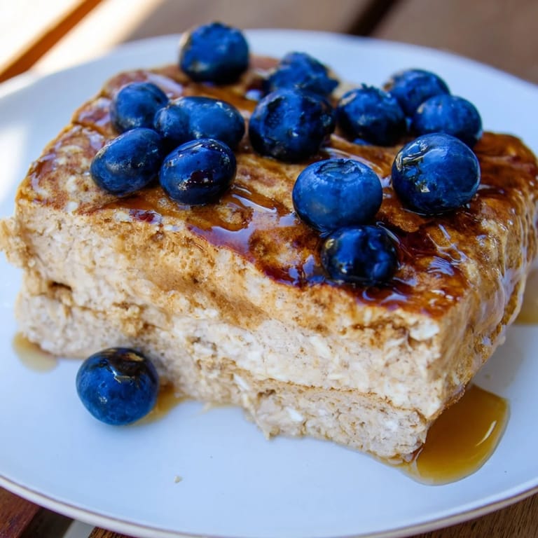 A close-up of a warm Protein Pancake Oats slice, creamy and soft, a delightful American breakfast.