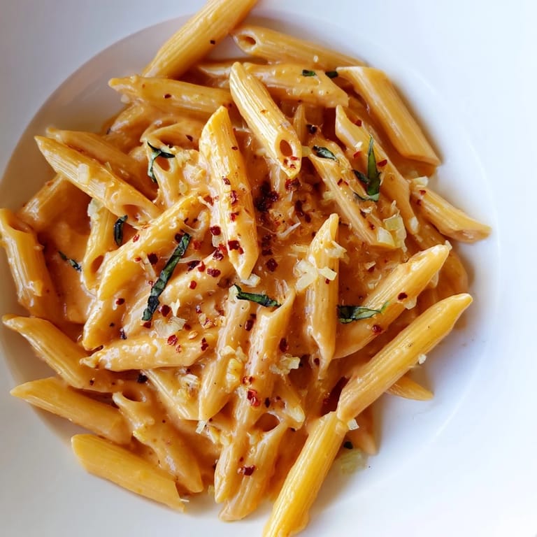 A close-up of the flavorful Basil Garlic One-Pot Creamy Tomato Pasta, garnished with fresh basil.