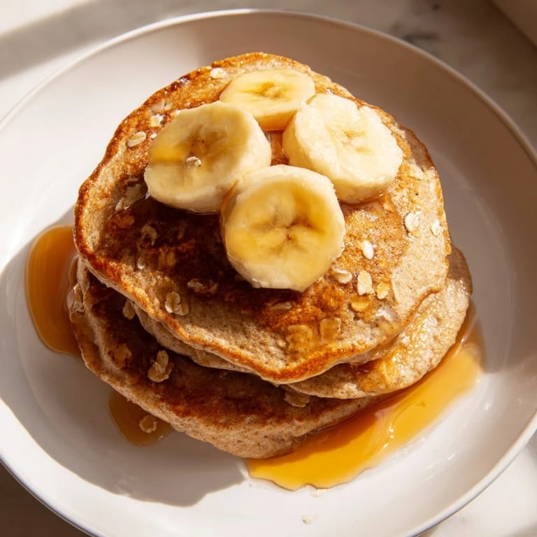 Stack of warm banana oat pancakes, showcasing the fluffy texture before being served with fruit.