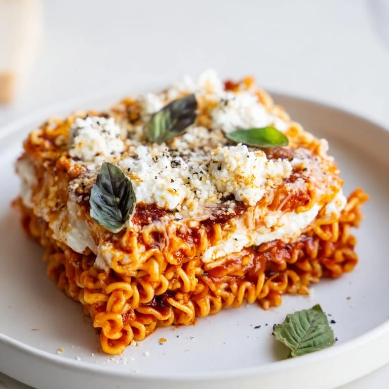 Golden, bubbly Ramen Lasagna, a comforting fusion main dish, perfect for a budget-friendly family meal tonight.