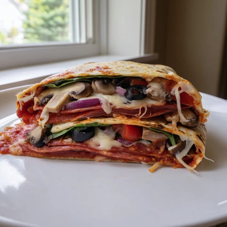 A close-up of a perfectly folded tortilla pizza wrap, filled with melted cheese and fresh toppings, ready to eat.