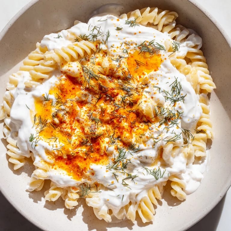 A beautiful close-up of Turkish Yogurt Pasta, offering a flavorful and comforting vegetarian dish.