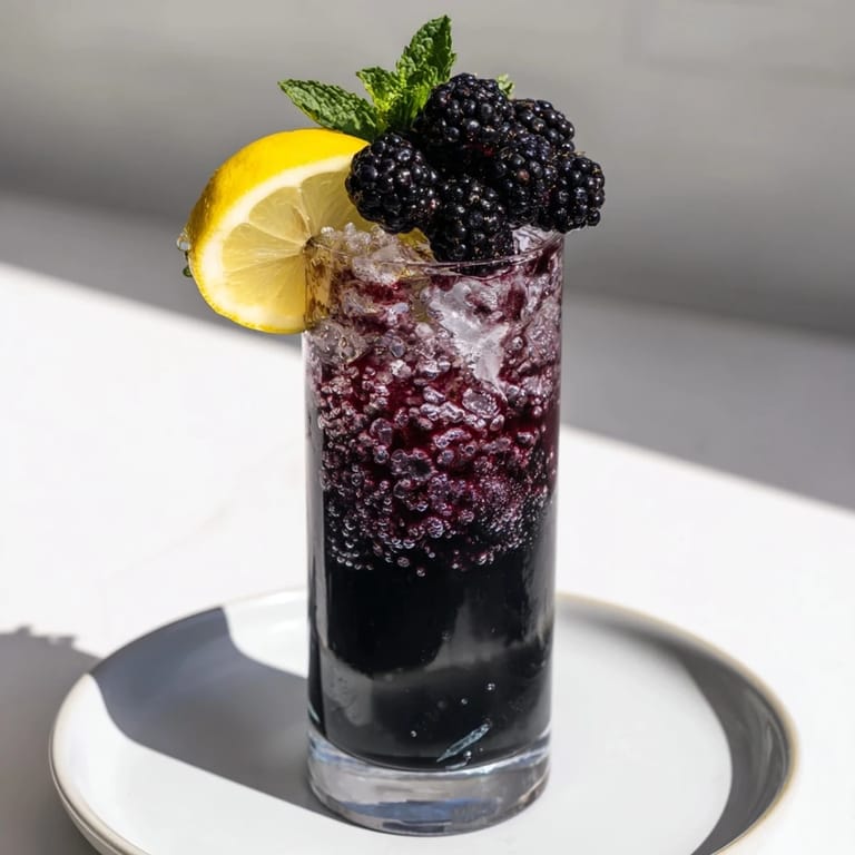 Layered, dark Dark Matter Mocktail showing blackberry syrup floating atop the inky charcoal base, ready to drink.