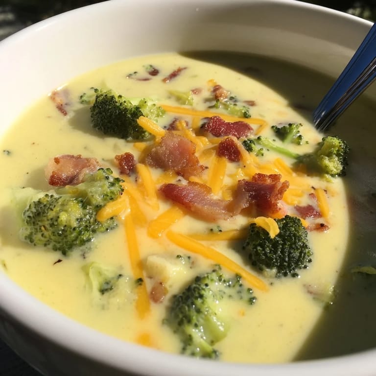 A steaming bowl of comforting Broccoli Cheddar Soup, perfect for a chilly evening with golden bread.