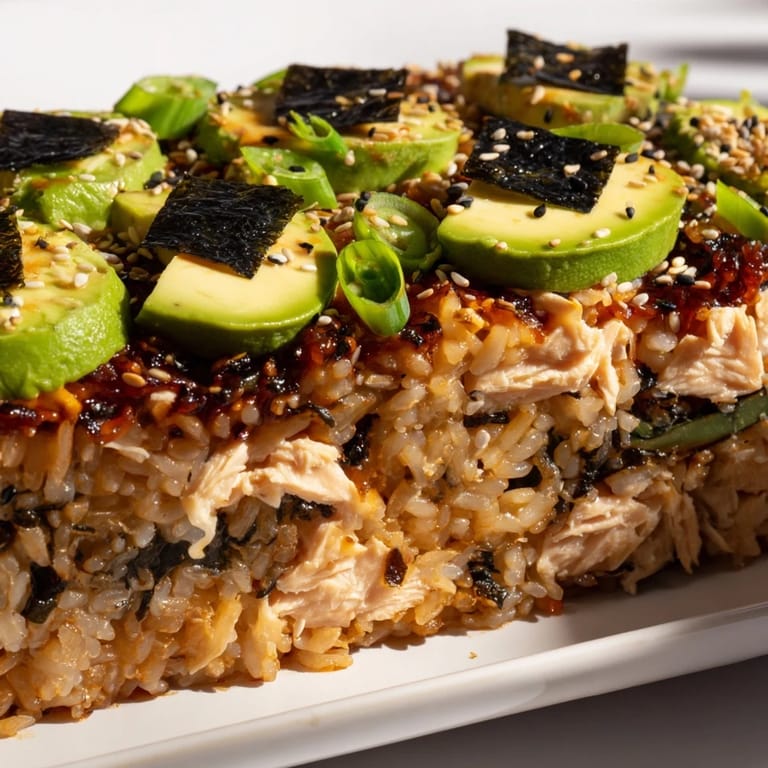 Golden-topped Sushi Bake Casserole with layers of savory salmon, avocado, and nori, perfect for sharing.