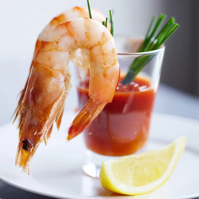 Close-up of chilled Retro Prawn Cocktail Shooters: delicious shrimp in a tangy cocktail sauce and garnished chives.