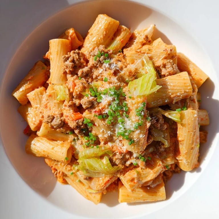 Close-up shot: a flavorful plate of Chaos Cooking Kimchi Ragu Pasta, garnished with Parmesan cheese.