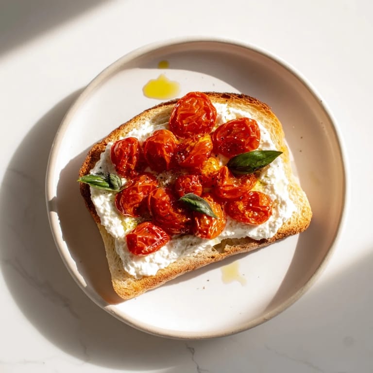 Warm ricotta toast drizzled with olive oil and finished with flaky sea salt, served on a plate.