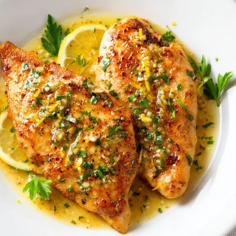 Goldbraun gebackenes Hähnchen in aromatischer Zitronen-Pfeffer-Butter-Soße mit frischem Petersilien-Garnitur.
