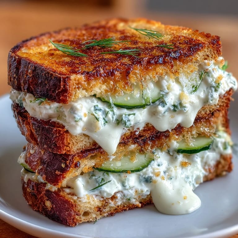 Goldbraun gegrilltes Sandwich mit würziger Feta-Creme und spröden Gurkenscheiben für den Frühling.