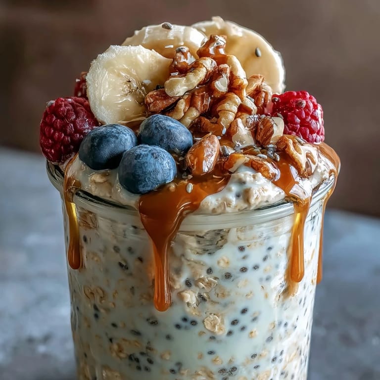 Hausgemachte Overnight Oats mit Chiasamen, garniert mit frischen Beeren für den Morgen.