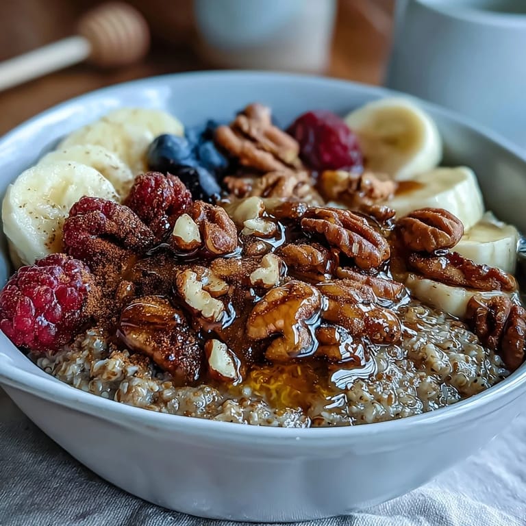 Warmes, glutenfreies Buckwheat Groats Frühstück garniert mit Obst und gehackten Nüssen für einen gesunden Morgen.