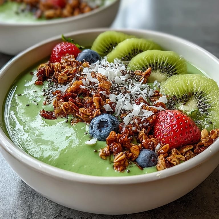 Frisch zubereitete Green Smoothie Bowl, cremig püriert mit Mango und Ananas, verziert mit Granola, Beeren und einem Hauch Kokos für eine nahrhafte Pause.