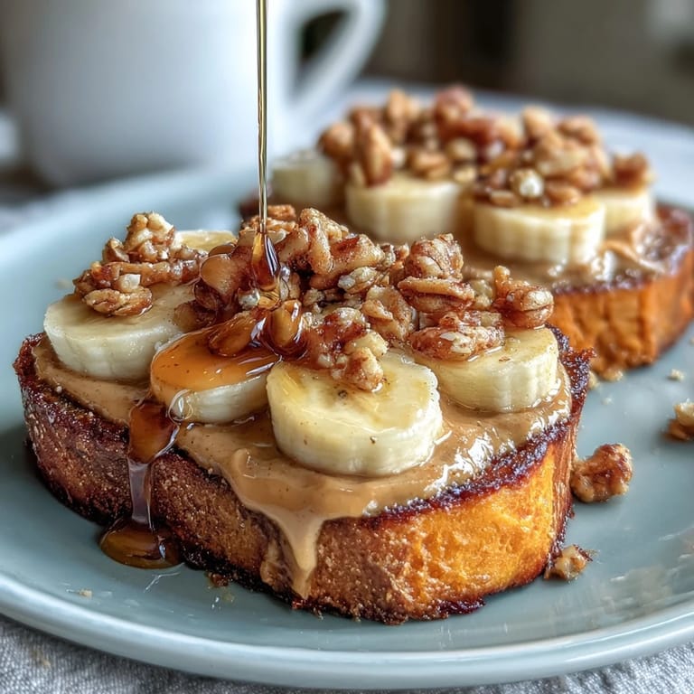 Gebackene süße Kartoffelscheiben belegt mit Erdnussbutter, Bananenscheiben und Granola, ein süßer Genuss für den Mittag.
