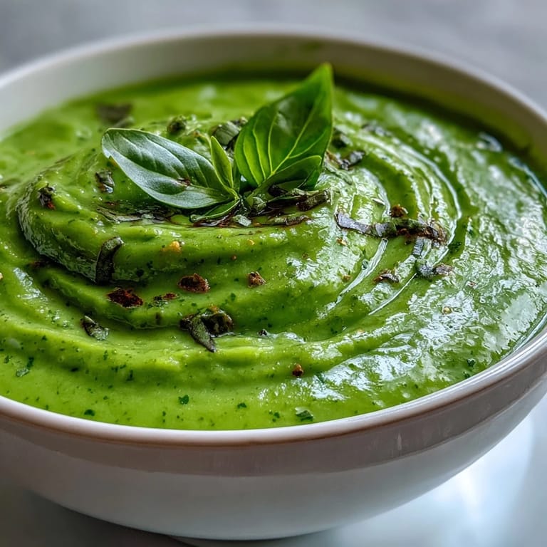 Steaming bowl of Courgette, Pea and Pesto Soup featuring a pesto swirl, a zucchini dice, and crusty bread on the side.