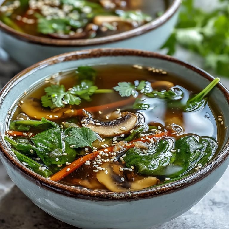 Nahaufnahme einer Miso Ginger Winter Soup, cremig und würzig, mit Tofu-Würfeln und Räuchersesam für einen nahrhaften Winter-Abend.