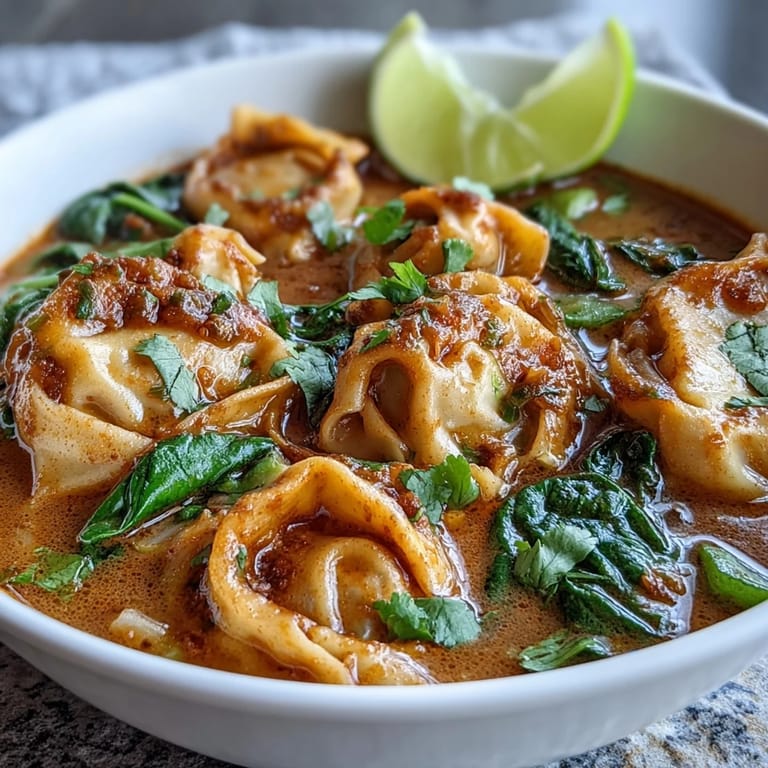 Füllende Rote Curry Wonton Suppe mit knusprigen Frühlingszwiebeln und Koriander garniert.
