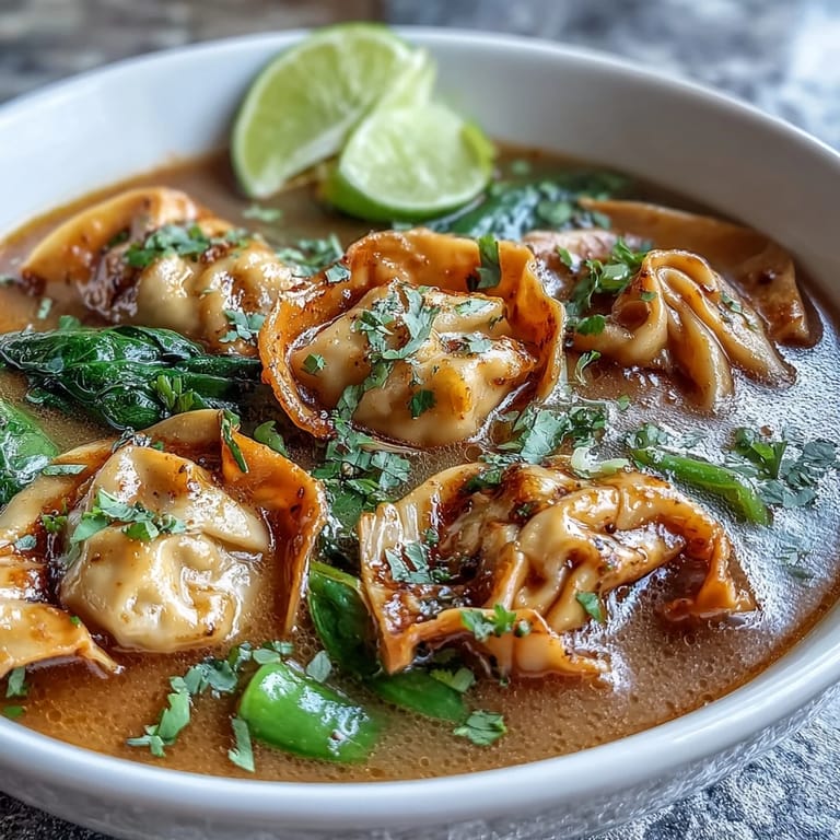 Wohlriechende Rote Curry Wonton Suppe mit Kokosmilch, Grünerkohl und Limettensaft übergossen.
