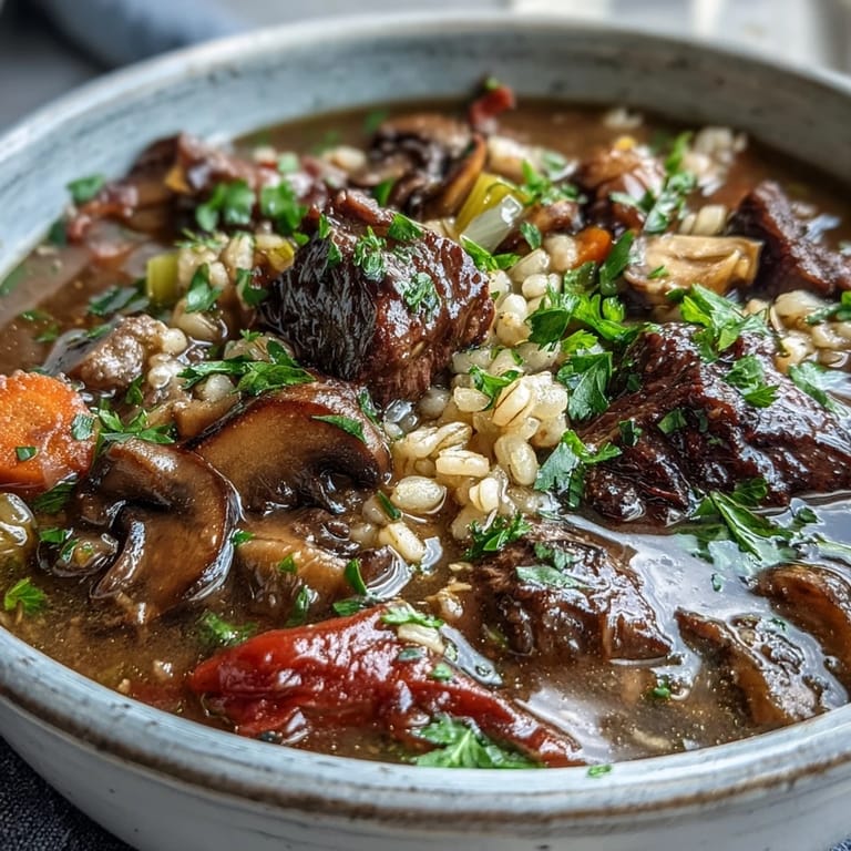 Herzhafte Vegetable Beef, Barley, and Mushroom Soup mit geschmolzenen Kartoffelstücken und Löffel voll satter Brühe auf dem Tisch