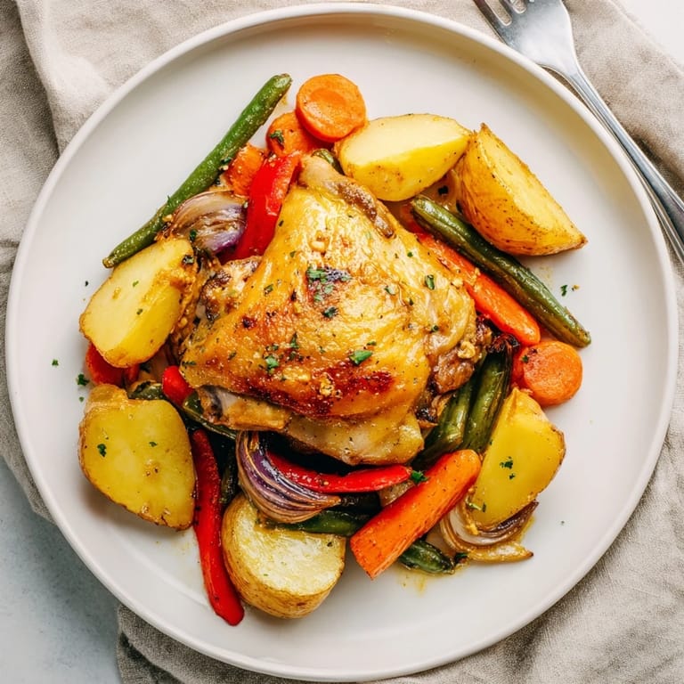 Eine herzhafte deutsche Hühnchen- und Gemüseplatte, warm aus dem Ofen serviert.  
