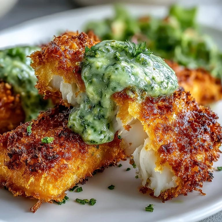 Genieße goldene Haddock-Goujons aus dem Ofen mit würziger Parmesankruste und frischer Erbsen-Pesto für deine nächste Familienmahlzeit.