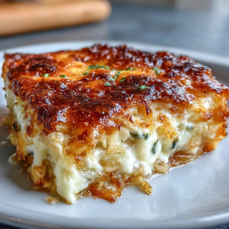 Käse und Kartoffelpie in einer Auflaufform, mit blättrigen Kartoffelscheiben und goldbrauner, blubbernder Käsekruste.