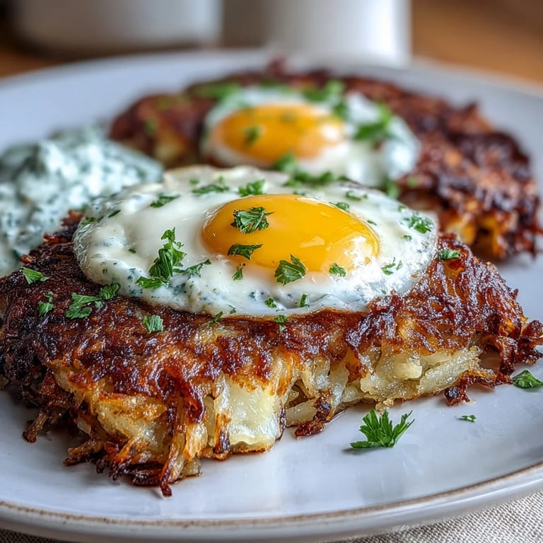 Crispy Rösti aus Celeriac und Kartoffeln, garniert mit einer roten Harissa-Joghurt-Krone und einem sonnigen Spiegelei für einen perfekten Brunch.