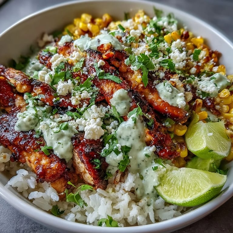 Freshly prepared Street Corn Chicken and Rice Bowls with colorful charred corn, sliced chicken thighs, and a drizzle of creamy sauce, ready to enjoy.