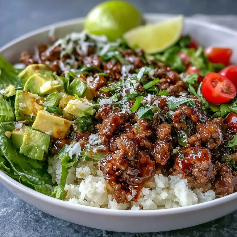 Savory Low Carb Burrito Bowl with cauliflower rice, ground beef, avocado, sour cream, and cilantro.