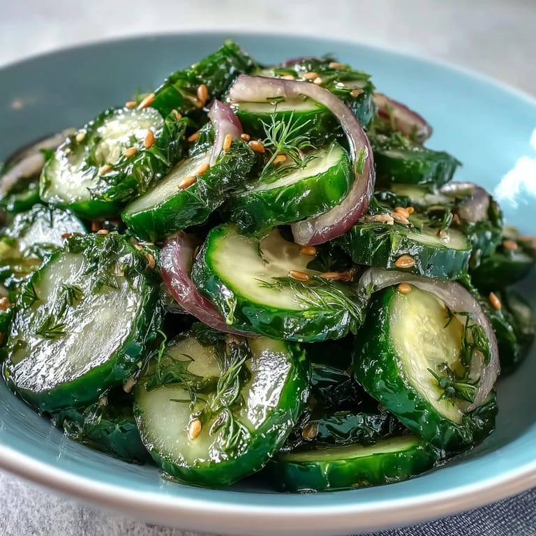 Chilled Refreshing Crunchy Cucumber Salad beside grilled fish, adding crisp red onion and sesame seeds
