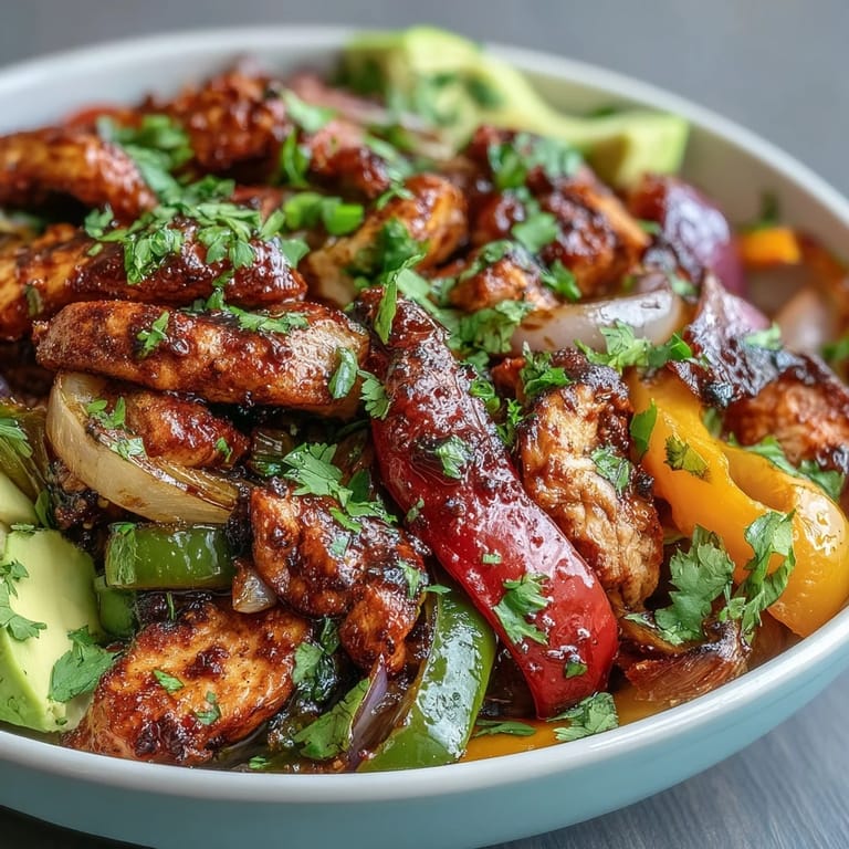 Vibrant bell peppers and onions sizzling beside tender chicken in a simple sheet pan fajita bowl for dinner.