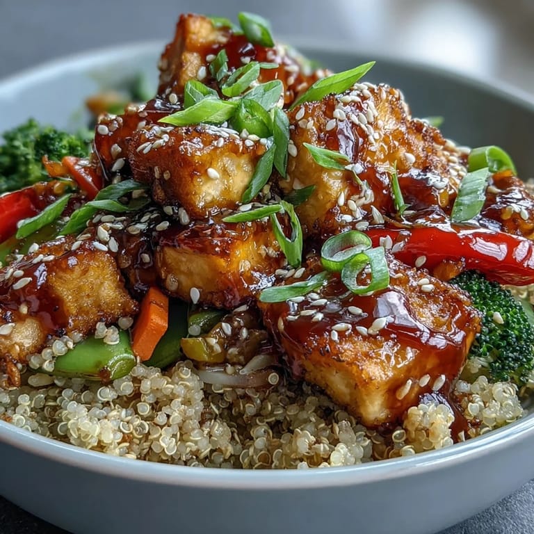 Ein fertiges Quinoa Vegetable Teriyaki Bowl wird mit grünen Zwiebeln und Sesam garniert, bereit zum Servieren.