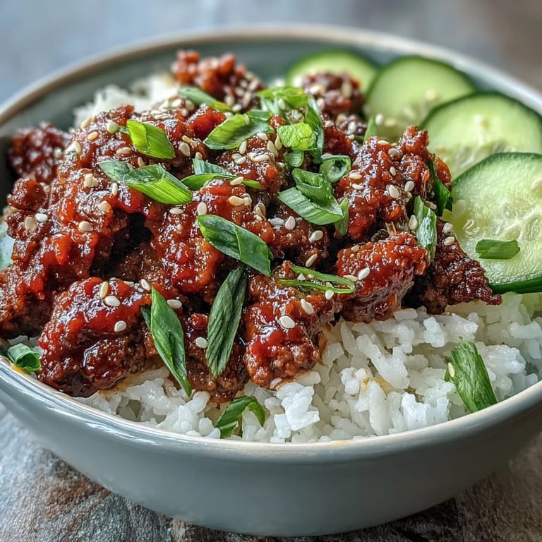 Easy Korean Beef Bowl with colorful vegetables and steaming rice base, highlighting savory ground beef and vibrant red chili toppings.