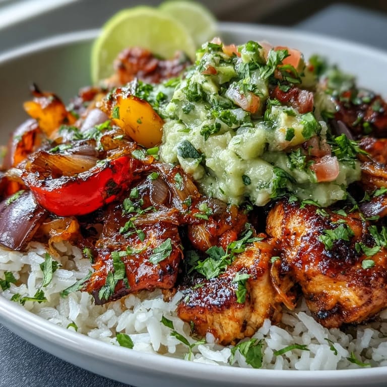 Einfache, aromatische Abarbeitung eines Ofen-Bowls mit Hähnchenfilet, bunten Paprikaschoten und Zwiebeln, perfekt für schnelle Abendessen. 