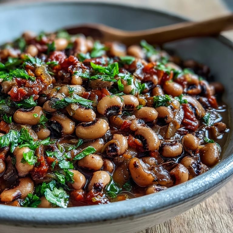 Quick Frozen Black-Eyed Peas Quick Version sautéed with aromatics, bubbling in a skillet, paired with diced tomatoes and a spoon for easy serving.