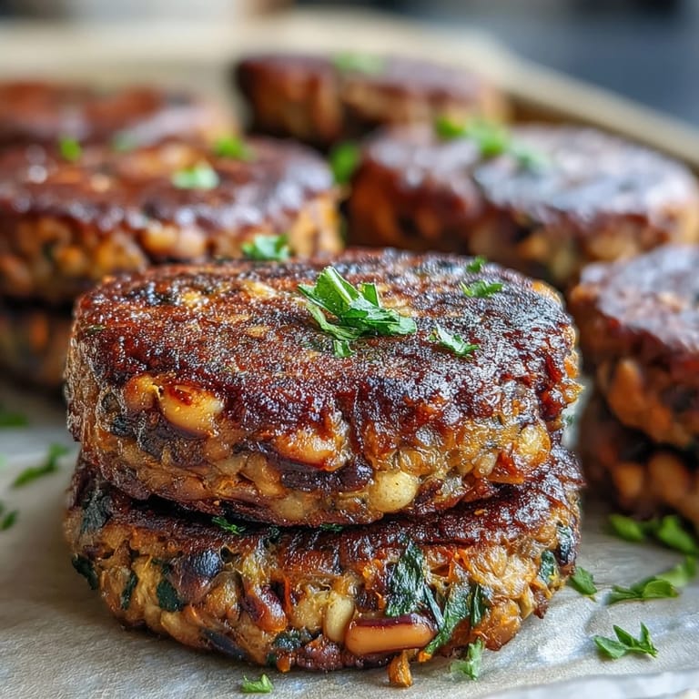 Saftige Black-Eyed Pea Burger Patties mit frischen Kräutern, serviert in knackigen Brötchen mit Gemüse-Toppings.