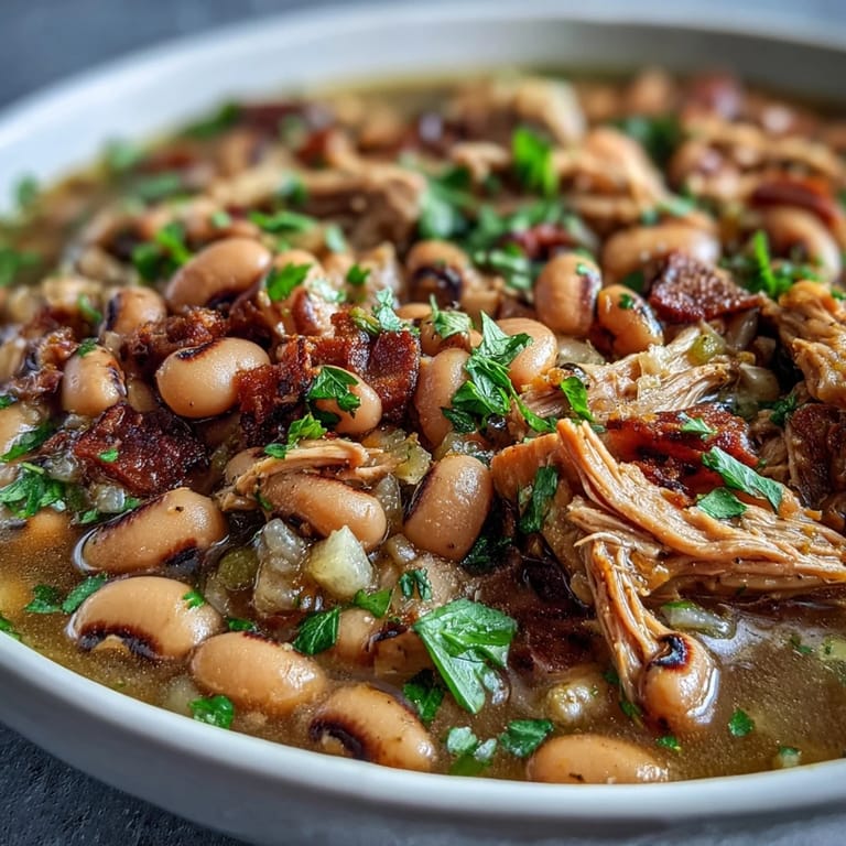 Portion Black-Eyed Peas With Smoked Turkey mit saftigen Fleischstücken und Kräutern auf rustikalem Teller.