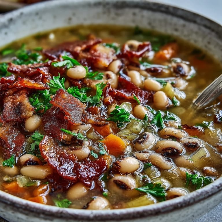 Rauchige Black-Eyed Peas und Bacon Soup dampfend in Topf, Karotten und Sellerie sichtbar.