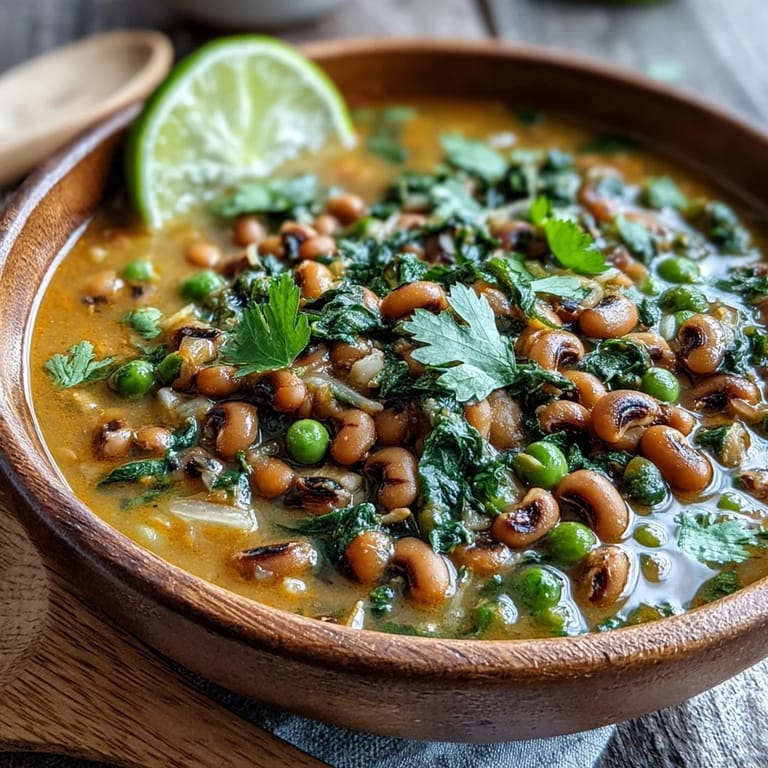 A fragrant Black-Eyed Pea Curry simmering in a cast iron pot, showcasing golden turmeric sauce and plump beans with a swirl of coconut milk.
