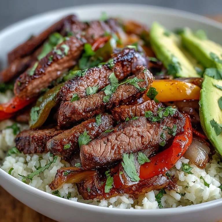 Genieße Steak Fajita Bowls als Protein-Bowl: würziges Fleisch, bunte Peperonen, Zwiebeln und Avocado auf low-carb Kohlrabi-Reis.
