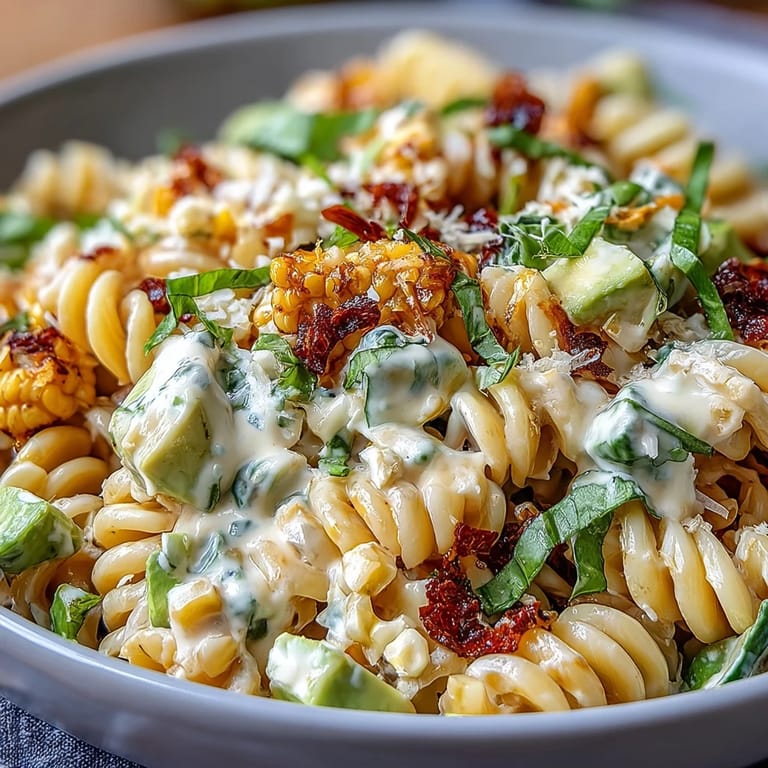 Sommerlicher Creamy Street Corn Pasta Salad mit Mais, Basilikum, Koriander und Limoen-Mayo, serviert auf rustikalem Holz.